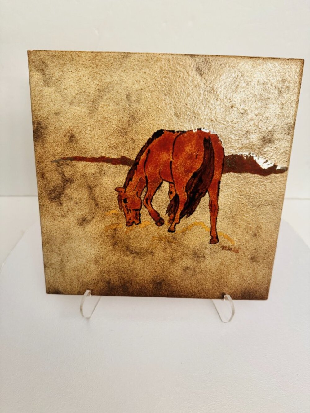 Decor Ceramic Tile 8x8 Red Brown Horse Grazing Trivet Hand Glazed Chris Neils